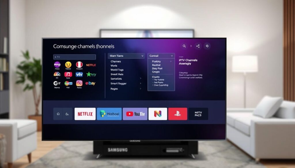 A Samsung TV screen showing the IPTV channels configuration menu. The foreground displays a neatly organized grid of channel logos, icons, and names. The middle ground features the TV's sleek Tizen OS interface with intuitive controls and settings. The background is a blurred, minimalist living room setting, suggesting a cozy home entertainment setup. Soft, even lighting illuminates the scene, creating a clean, modern aesthetic. The overall composition conveys a sense of user-friendly functionality and seamless smart home integration.