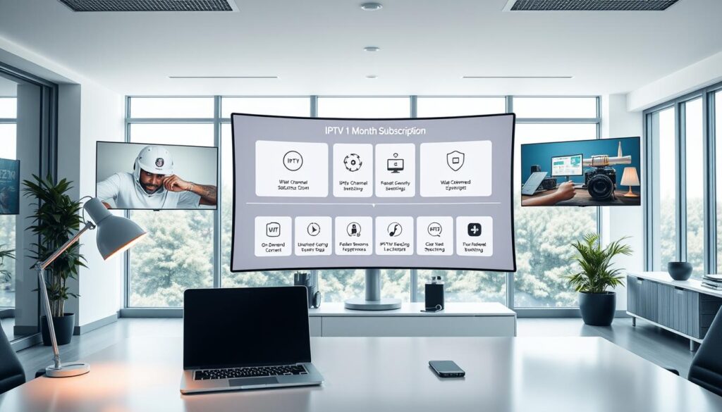 A beautiful, modern office workspace with an array of digital screens displaying various IPTV subscription benefits. In the foreground, a sleek, minimalist desk with a laptop, smartphone, and a stylish desk lamp. The middle ground features a large curved monitor showcasing detailed infographics highlighting the key advantages of the IPTV 1 month subscription, such as wide channel selection, on-demand content, and seamless streaming experience. The background depicts a bright, airy room with large windows allowing natural light to flood the space, creating a serene and professional atmosphere. The lighting is soft and even, accentuating the clean, contemporary design elements throughout the scene.