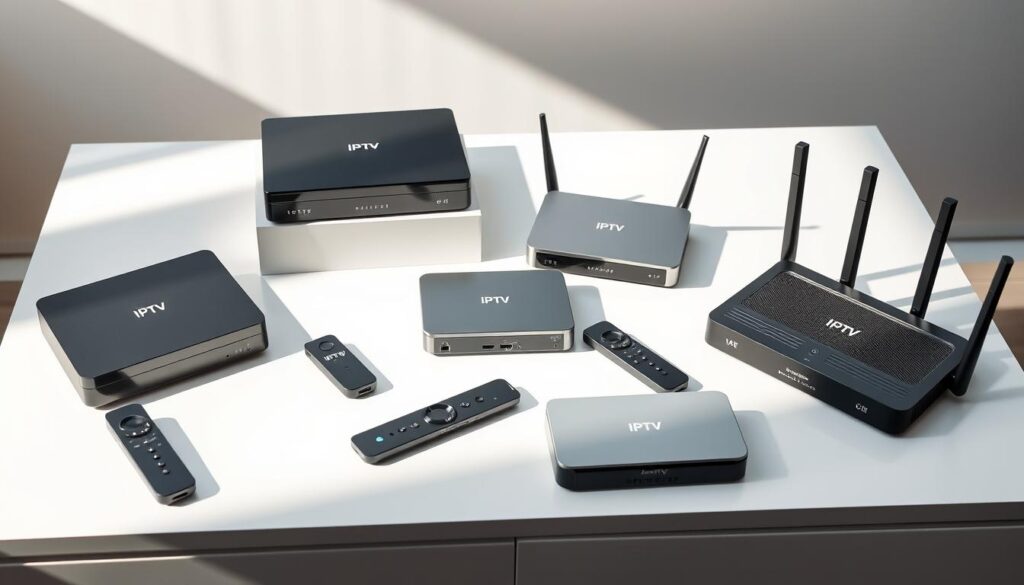 A beautifully arranged still life featuring an assortment of cutting-edge IPTV devices, including sleek set-top boxes, compact streaming sticks, and advanced dual-band Wi-Fi routers. The devices are displayed on a minimalist white tabletop, bathed in soft, flattering natural light that highlights their premium materials and modern aesthetic. The composition emphasizes the versatility and compatibility of these devices, with a sense of harmony and balance. The scene conveys a mood of technological sophistication and the promise of an immersive, seamless IPTV experience.