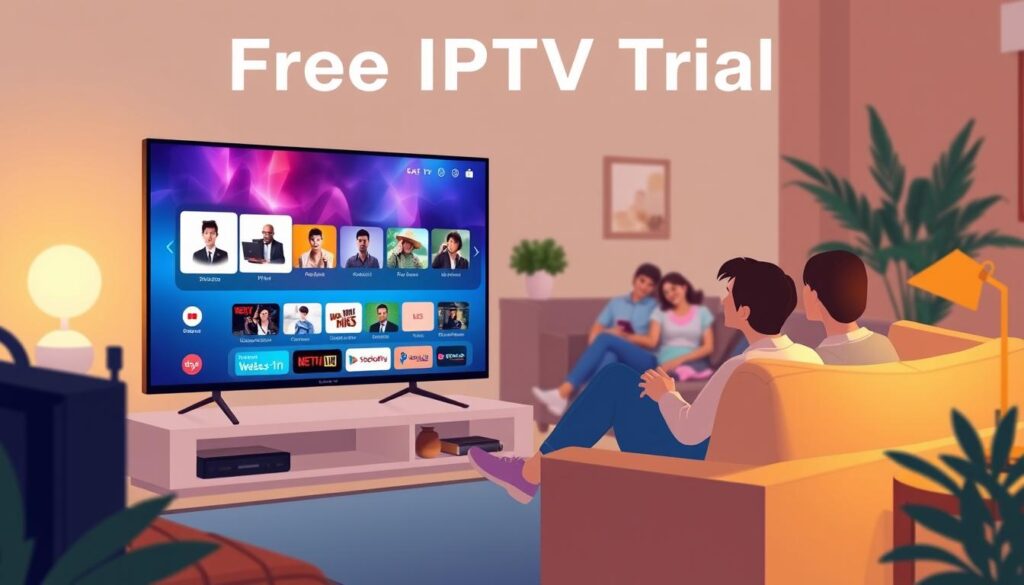 A beautifully illustrated scene showcasing the key benefits of a free IPTV trial. In the foreground, a smart TV displays a vibrant streaming interface, highlighting the wide selection of live channels and on-demand content available. In the middle ground, a group of people relaxing on a comfortable couch, engaged with the content, representing the convenience and entertainment value of the free trial. The background features a warm, cozy living room setting, with subtle lighting and natural elements, conveying a sense of comfort and relaxation. The overall mood is inviting and aspirational, enticing the viewer to experience the benefits of the free IPTV trial for themselves.