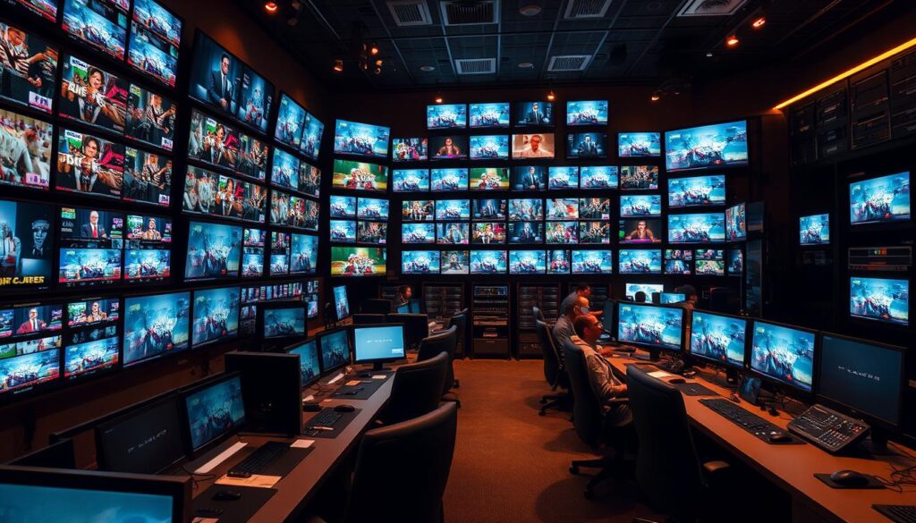 A bustling control room filled with a multitude of live TV channels, each displayed on a high-definition monitor. The scene is bathed in a warm, golden glow from strategically placed lighting, casting a cinematic atmosphere. Rows of sleek, modern workstations complete the professional, technologically advanced setting. In the foreground, an array of video feeds flicker and switch, showcasing the breadth and diversity of the comprehensive channel library. The middle ground features technicians meticulously monitoring and managing the live broadcasts, their faces illuminated by the vibrant displays. In the background, a towering rack of servers and networking equipment hums with the constant flow of digital content, powering the seamless delivery of 19,000+ HD channels to viewers across the nation.