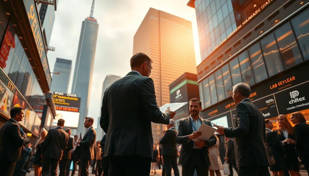 A bustling financial marketplace with a towering skyscraper in the background, representing the growth and expansion of the IPTV reseller industry. In the foreground, various business professionals engaged in negotiations, exchanging contracts, and discussing strategies, symbolizing the lucrative partnership opportunities available. The scene is illuminated by warm, golden lighting, creating an atmosphere of prosperity and success. The composition emphasizes the dynamic nature of the IPTV reseller market, capturing the energy and excitement of this thriving industry.