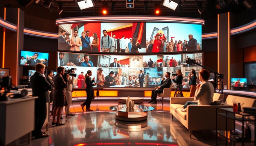 A bustling news studio with a large curved LED screen displaying vibrant cultural documentary footage. Journalists and production crew captured in dynamic poses, surrounded by state-of-the-art broadcasting equipment. Warm studio lighting creates a professional, authoritative atmosphere. Sleek, modern furniture and decor evoke a high-tech, global media ambiance. Depth of field blurs the background, drawing the viewer's eye to the engaging documentary imagery. An immersive, visually compelling scene that captures the essence of a world-class cultural news broadcasting environment.