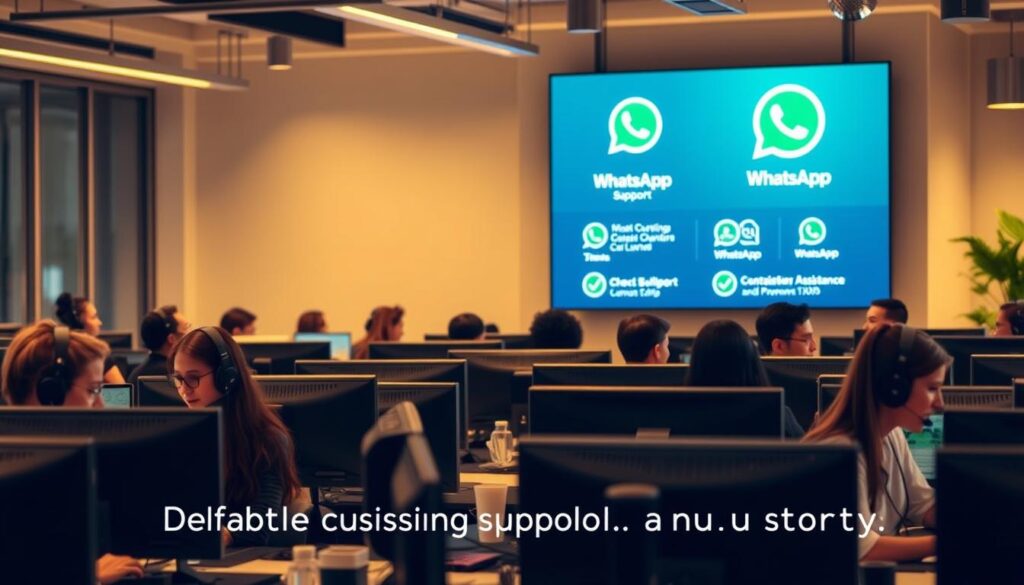 A bustling office setting, with rows of desks occupied by attentive customer service representatives, each equipped with a headset and computer monitor. The lighting is warm and inviting, creating a professional yet approachable atmosphere. In the background, a large screen displays various customer support options, including a prominent WhatsApp icon, highlighting the brand's commitment to seamless multi-channel assistance. The scene conveys a sense of efficiency, reliability, and a 24/7 availability to address any customer needs, perfectly complementing the "Reliable Customer Support and WhatsApp Assistance" section of the article.
