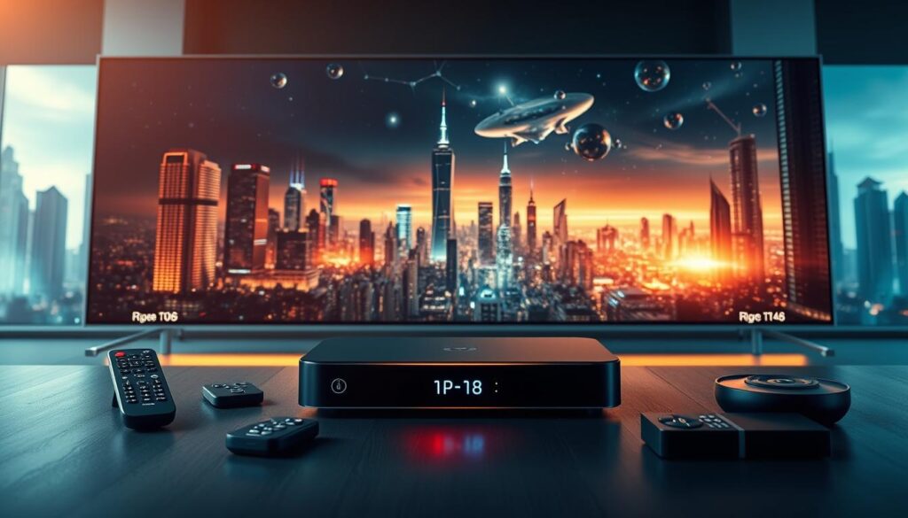 A captivating digital landscape showcasing the evolution of home entertainment technology. In the foreground, a sleek IPTV set-top box emits a warm, futuristic glow, surrounded by advanced remote controls and smart devices. The middle ground features a large, high-definition 4K television screen displaying a breathtaking cinematic scene, bathed in a soft, ambient light. In the background, a cityscape of towering skyscrapers and futuristic architecture creates a sense of modern, urban sophistication. The overall composition conveys the seamless integration of cutting-edge IPTV technology with the ultimate home cinema experience.