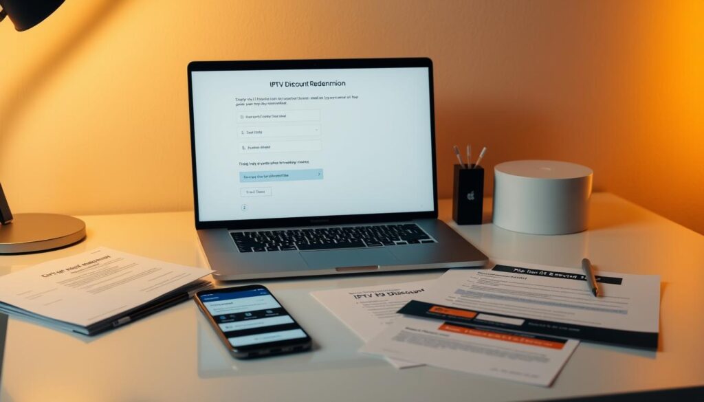 A clean, modern desktop workspace with a laptop, smartphone, and documents showcasing an IPTV discount redemption process. The laptop screen displays a step-by-step interface guiding the user through the redemption, while the smartphone displays a related IPTV service app. Warm, directional lighting accentuates the scene, creating a professional, inviting atmosphere. The composition is balanced, with the devices and documents arranged in a visually appealing, symmetrical layout. The overall tone conveys efficiency, ease of use, and the value of the IPTV discount offer.