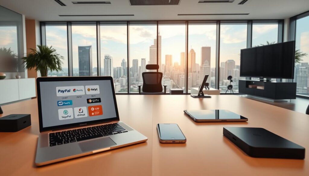 A clean, modern office interior with a large desk showcasing various IPTV payment options. In the foreground, a laptop displays the payment methods - PayPal, credit card, and cryptocurrency wallets. On the desk, sleek devices like a smartphone and tablet highlight the digital nature of IPTV subscriptions. The middle ground features an ergonomic chair and minimalist decor, creating a professional, tech-savvy ambiance. The background depicts floor-to-ceiling windows overlooking a vibrant city skyline, conveying a sense of sophistication and innovation. Soft, natural lighting filters through, creating a warm, inviting atmosphere.