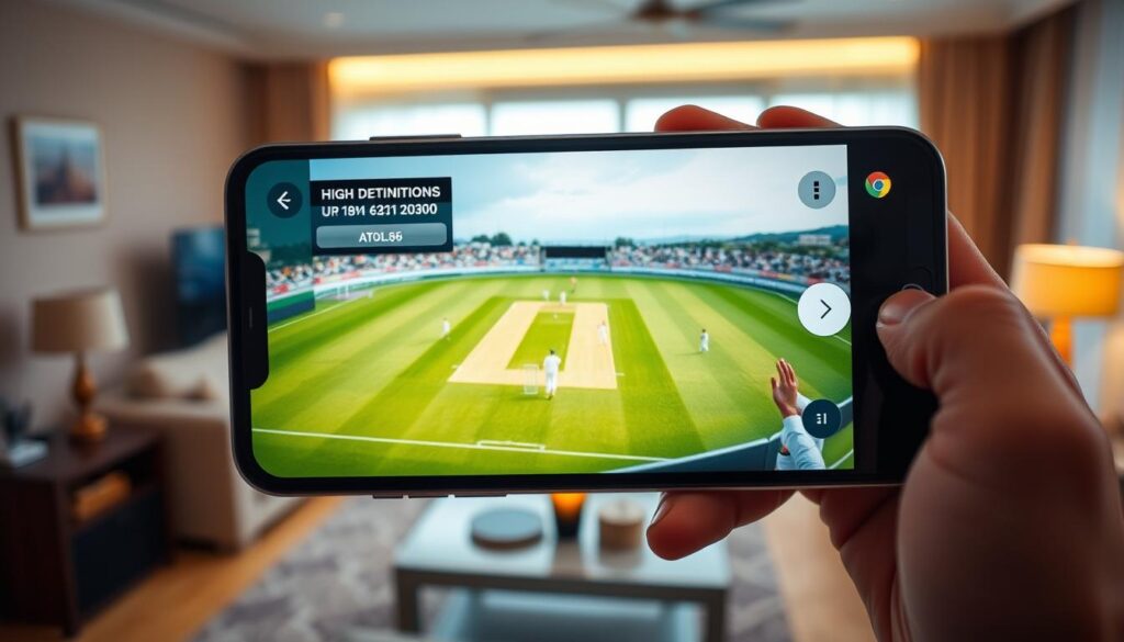 A close-up view of a mobile phone screen displaying a live cricket match in high definition, the field of play clearly visible with players in action. The screen is held in a hand against a blurred background of a cozy living room, showcasing the convenience of streaming cricket matches on an IPTV service. Soft, warm lighting illuminates the scene, creating an inviting atmosphere. The composition emphasizes the immersive experience of enjoying the game from the comfort of one's home, with attention to detail in the screen's clarity and the natural hand positioning.