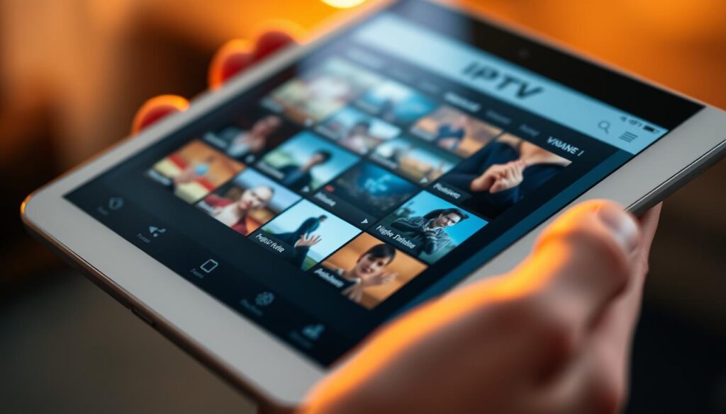 A close-up view of an iOS device screen displaying a sleek and intuitive IPTV interface. The screen is bathed in a soft, warm lighting, creating a cozy and inviting atmosphere. The interface features a clean, minimalist design with a grid of high-definition video thumbnails, intuitive navigation controls, and user-friendly menus. The device is held in a hand, showcasing the seamless integration between the IPTV software and the iOS hardware. The background is blurred, emphasizing the focus on the IPTV experience on the device.