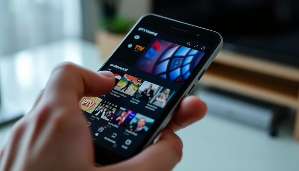A closeup view of an Android smartphone displaying an IPTV streaming interface, showing various live television channels and on-demand content. The screen is well-lit, casting a soft glow on the device's surface. The user's hand is partially visible, interacting with the touchscreen. The background is blurred, suggesting a domestic or office setting. The overall composition conveys the legality and accessibility of IPTV streaming on a mobile device.