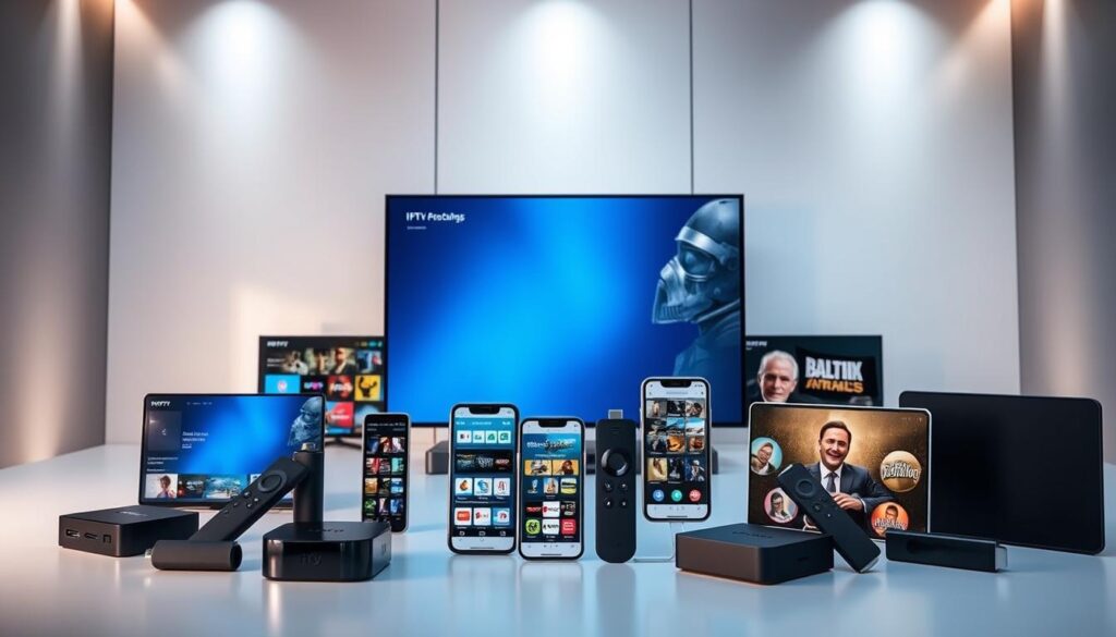 A comparison of powerful IPTV players and apps, showcased in a sleek, modern setting. In the foreground, an array of various streaming devices such as Android TV boxes, Fire TV Sticks, and smart TVs, each with its distinct design and interface. In the middle ground, several mobile devices displaying different IPTV app interfaces, highlighting their unique features and capabilities. The background features a clean, minimalist environment with subtle metallic accents, creating a sense of technological sophistication. The lighting is soft and directional, emphasizing the products' details and creating depth and dimensionality. The overall mood is one of professional evaluation, inviting the viewer to explore and compare the diverse IPTV player options.