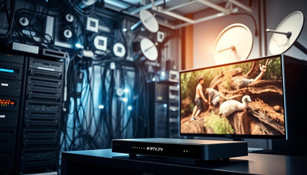 A complex IPTV network with servers, routers, and satellite dishes in the background, illuminated by soft, diffused lighting. In the foreground, a modern IPTV set-top box connected to a sleek, high-definition television displaying a live TV channel. The scene conveys the technological sophistication and seamless user experience of IPTV, highlighting how it enables users to watch television content without a traditional cable or satellite subscription.