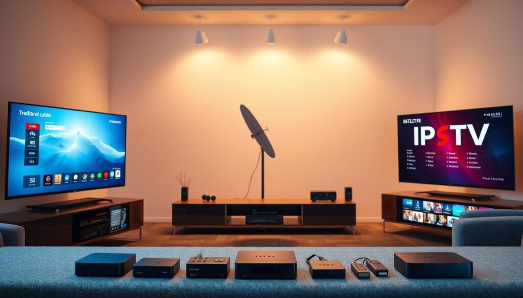 A contemporary, well-lit comparison of three home entertainment services - traditional cable, satellite, and IPTV. In the foreground, three TV sets display distinct user interfaces, highlighting the unique features and capabilities of each service. The middle ground showcases the various device options, from set-top boxes to streaming sticks, compatible with the services. In the background, a minimalist living room setting with sleek, modern furnishings creates a serene, technology-focused atmosphere. The lighting is warm and directional, casting soft shadows and emphasizing the crisp, high-definition displays. The overall composition invites the viewer to explore the nuances and advantages of the different home entertainment platforms.