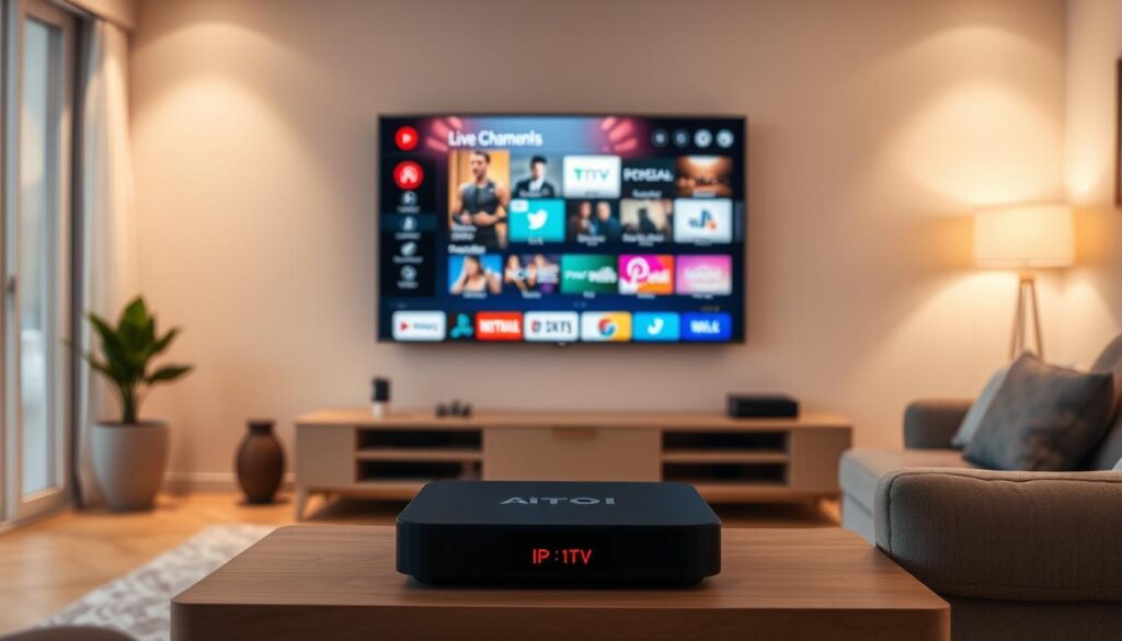 A cozy and modern living room, illuminated by warm lighting, with a large flat-screen TV mounted on the wall. On the TV screen, a vibrant IPTV interface is displayed, showcasing a diverse selection of live TV channels and on-demand content. In the foreground, a sleek and minimal media center unit houses a high-end streaming device, its LED lights pulsing softly. The room is adorned with minimalist decor, and a plush sofa invites the viewer to settle in for an immersive IPTV streaming experience. The overall atmosphere conveys a sense of comfort, technological sophistication, and the freedom to access a world of entertainment at the user's fingertips.