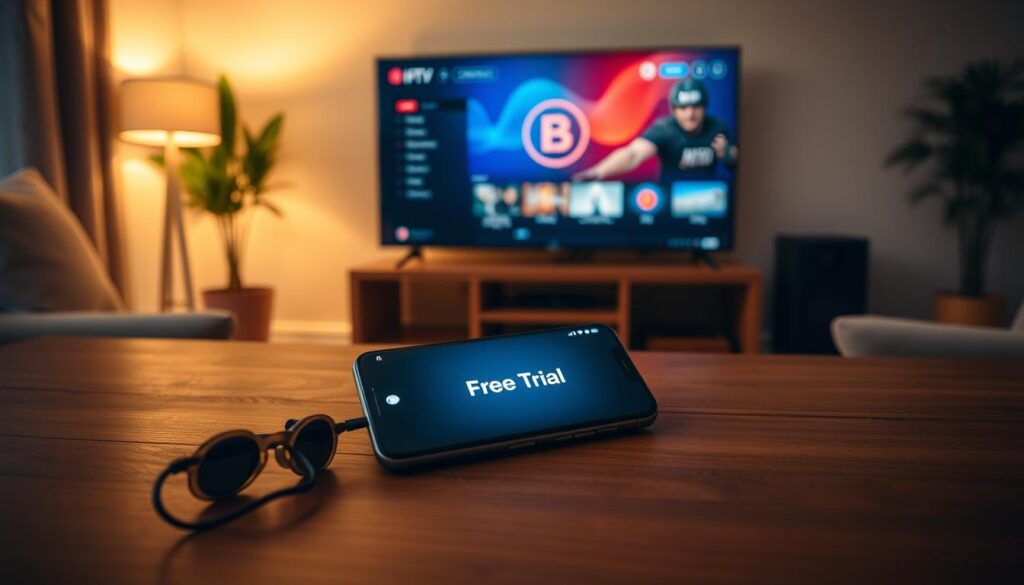 A cozy home living room with a smartphone resting on a wooden coffee table, its screen displaying a "Free Trial" streaming service interface. Soft, warm lighting illuminates the scene, creating a welcoming ambiance. In the background, a large television screen showcases the streaming service's logo and content options, inviting the viewer to explore the service. The composition evokes a sense of ease and convenience, reflecting the ease of accessing a free trial for a cutting-edge IPTV service. A cozy home living room with a smartphone resting on a wooden coffee table, its screen displaying a "Free Trial" streaming service interface. Soft, warm lighting illuminates the scene, creating a welcoming ambiance. In the background, a large television screen showcases the streaming service's logo and content options, inviting the viewer to explore the service. The composition evokes a sense of ease and convenience, reflecting the ease of accessing a free trial for a cutting-edge IPTV service.