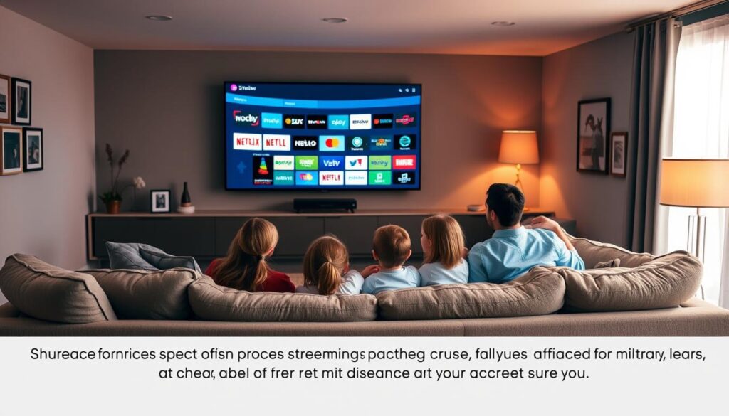 A cozy living room setting, with a large, plush sofa and armchair arranged in a semicircle. A family of four - two parents and two children - are seated, intently focused on a large, curved TV screen displaying various streaming service logos. Soft, warm lighting casts a soothing glow, creating an atmosphere of comfort and togetherness. The room is adorned with subtle military-themed decor, such as framed photographs or a small American flag, hinting at the special offer for active service members. The overall scene conveys a sense of relaxation, family bonding, and exclusive access to a curated selection of streaming services tailored for military families.