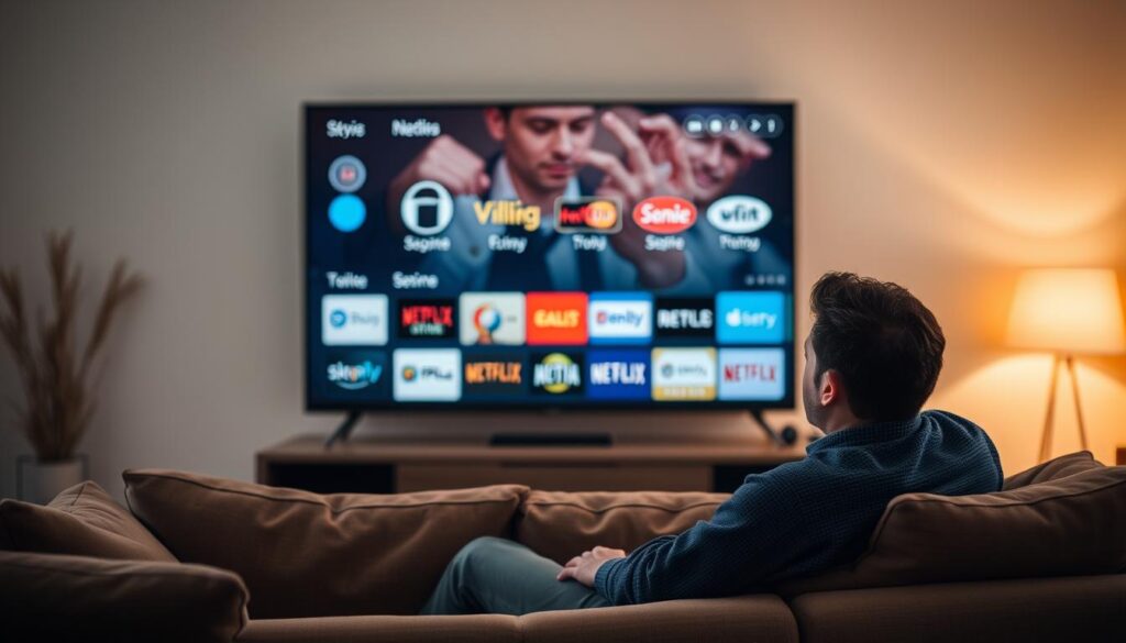 A cozy living room setting with a person sitting on a comfortable couch, surrounded by various streaming service icons displayed on a large, high-definition television screen. The room is bathed in warm, diffused lighting, creating a relaxed and inviting atmosphere. The person's expression conveys a sense of contemplation as they navigate the available options, in search of the perfect international content to enjoy. The background features subtle, blurred elements that suggest a modern, minimalist decor, allowing the focus to remain on the television and the person's decision-making process.