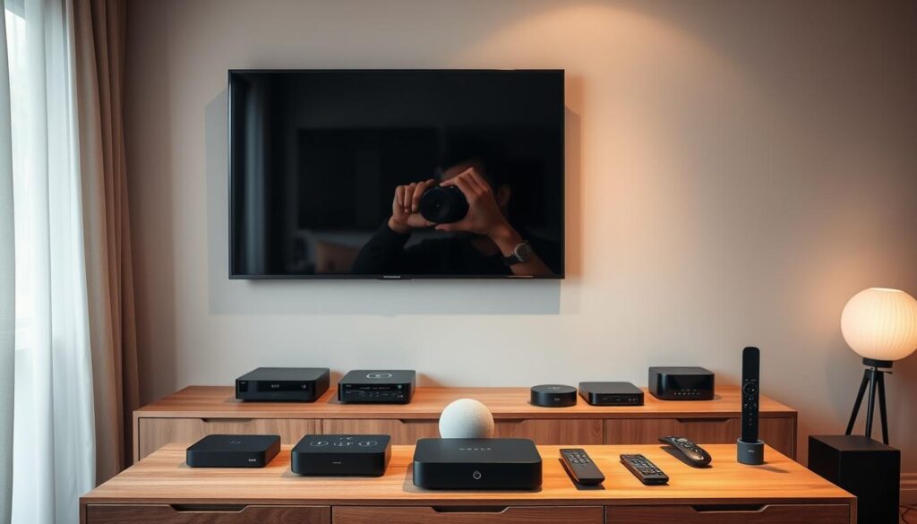 A cozy living room setup, featuring a large flat-screen TV mounted on the wall, surrounded by various streaming devices - sleek black boxes, voice-controlled smart speakers, and wireless remotes neatly arranged on a modern wooden entertainment center. Soft ambient lighting filters through sheer curtains, creating a warm and inviting atmosphere. The overall setup is clean, minimalist, and designed to optimize the IPTV family plan experience, catering to the diverse entertainment needs of the entire household.
