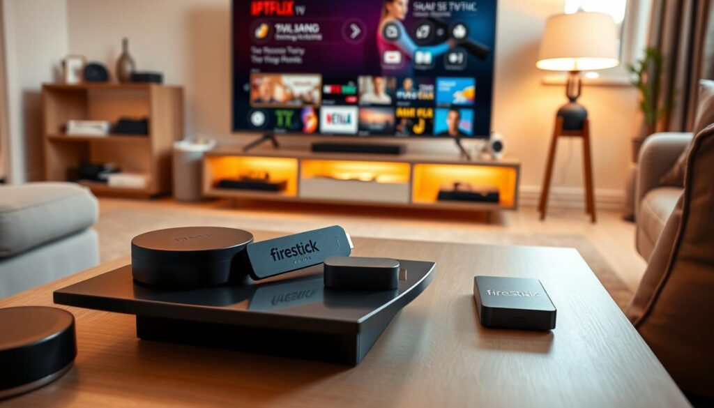 A cozy living room setup with a modern Firestick TV streaming device prominently displayed on a sleek, minimalist media console. The Firestick is surrounded by various smart home devices, creating an integrated and connected entertainment space. Soft, warm lighting illuminates the scene, casting a welcoming glow. The overall atmosphere is one of ease and comfort, inviting the viewer to imagine themselves kicking back and enjoying their favorite IPTV channels on the big screen. The room features neutral tones and clean lines, reflecting a contemporary British interior design aesthetic.