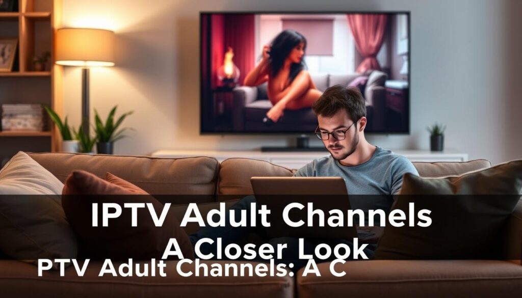 A cozy living room with a comfortable sofa, plush pillows, and a warm lighting setup. On the sofa, a person is sitting with a laptop, intently focused on the screen, their expression conveying deep engagement. The background features a large, high-definition TV screen displaying a captivating IPTV adult channel, its content tastefully obscured to maintain discretion. The overall scene suggests a premium, controlled viewing experience, with the user's feedback and reactions as the central focus, capturing the essence of the "IPTV Adult Channels: A Closer Look" section.