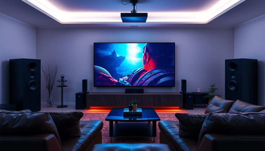 A cozy living room with a large 4K IPTV display dominating the center, casting a warm glow across the space. The screen showcases a captivating cinematic scene, the image crisp and vibrant, immersing the viewer in a high-definition movie experience. Plush leather seating, surround sound speakers, and ambient lighting create a luxurious home theater ambiance. The room's modern, minimalist design complements the advanced technology, hinting at the seamless integration of cutting-edge entertainment systems into the domestic setting. Soft shadows and diffused lighting lend a cinematic atmosphere, while the absence of distractions allows the viewer to fully focus on the captivating 4K IPTV display.