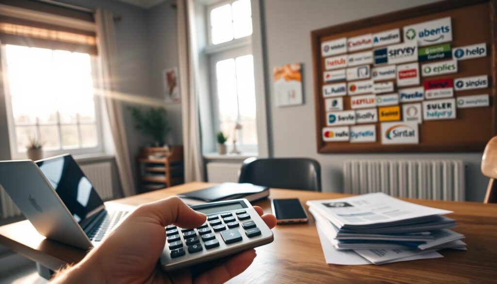 A cozy room with a laptop, mobile phone, and stacks of bills on a wooden desk. Sunlight streams through large windows, casting a warm glow on the scene. In the foreground, a hand holds a calculator, symbolizing the careful budgeting and analysis of monthly expenses. In the background, a bulletin board displays various subscription service logos, hinting at the opportunity to bundle and save. The overall atmosphere conveys a sense of thoughtful financial planning and the satisfaction of finding ways to optimize household expenditures.