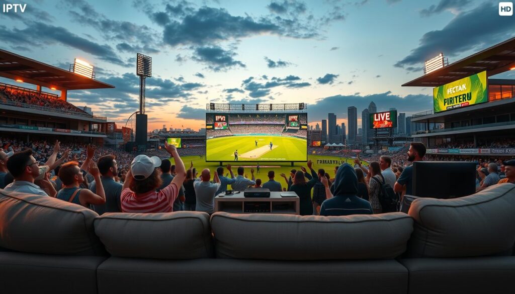 A cricket stadium at dusk, with a large screen displaying a live IPTV cricket match in high definition. In the foreground, a group of fans cheering enthusiastically, their faces illuminated by the warm glow of the screen. In the middle ground, a cozy living room setup, complete with a comfortable couch, a streaming device, and a high-quality audio system. The background shows the city skyline, with skyscrapers and billboards in the distance, hinting at the technological advancements that enable IPTV streaming. The lighting is a mix of natural and artificial, creating a cozy and immersive atmosphere. The overall scene conveys the excitement and convenience of watching cricket matches live in HD quality on IPTV.
