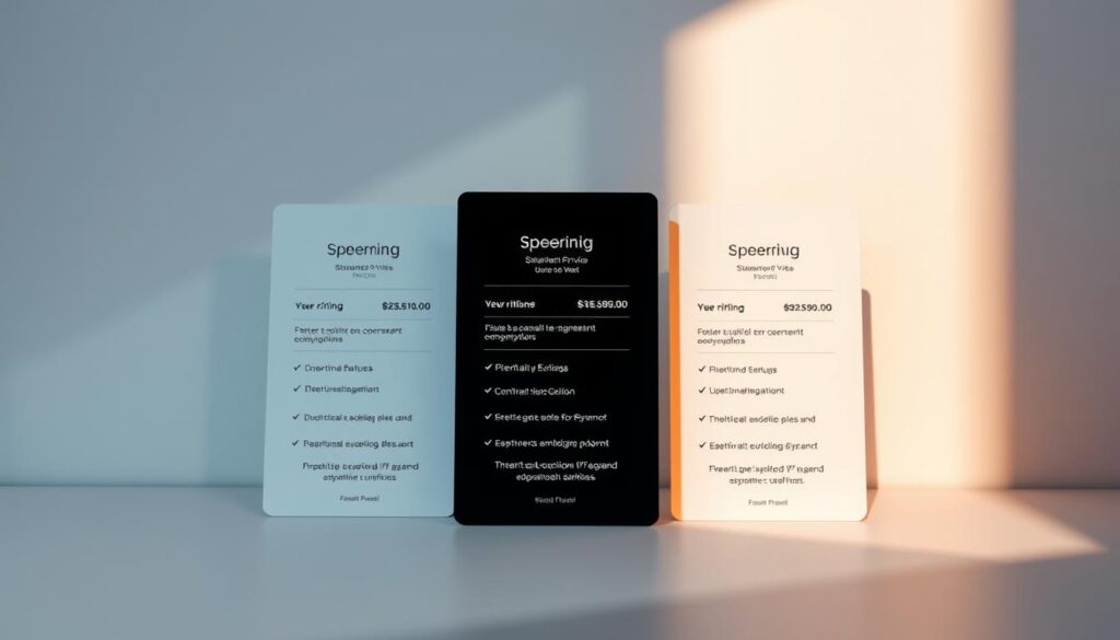 A crisp, minimalist display of streaming service pricing options. In the foreground, a series of clean, modern cards depicting different subscription tiers, each with a clear breakdown of features and costs. The background is a soft, blurred gradient, drawing the eye to the pricing details. Dramatic lighting from the side casts subtle shadows, adding depth and dimension. The overall aesthetic is sleek, professional, and easy to digest, reflecting the flexibility and transparency of the service.
