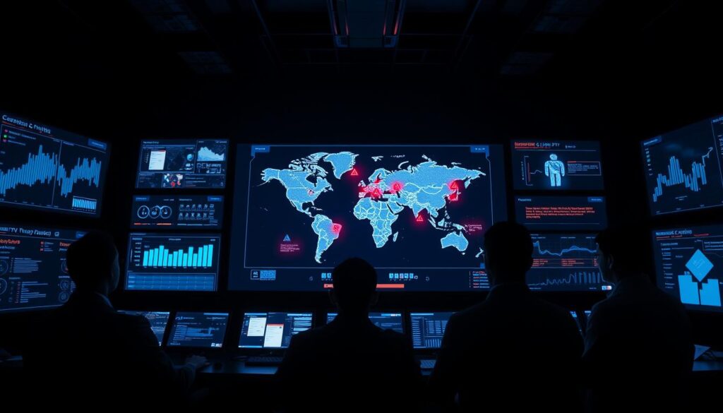 A dark, high-tech control room with various screens and dashboards displaying real-time data analytics on IPTV transaction patterns. In the foreground, a team of cybersecurity experts in sleek, minimalist uniforms monitor the systems, their faces illuminated by the blue glow of the screens. In the middle ground, a large, holographic map of the world tracks incoming payments, flagging suspicious activity with red warning icons. The background is shrouded in dramatic shadows, creating an atmosphere of vigilance and threat detection. Dramatic, high-contrast lighting casts sharp shadows, emphasizing the gravity of the fraud prevention efforts. The scene conveys a sense of advanced, AI-powered surveillance and preemptive action against malicious actors targeting IPTV payment systems.