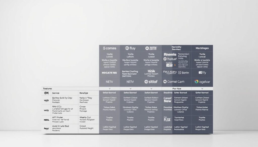 A detailed, highly informative streaming service comparison chart set against a clean, minimalist background. In the foreground, a sophisticated grid layout showcases the key features and offerings of various popular streaming platforms, presented with clear icons and concise labels. The middle ground features subtle, muted gradients that provide depth and visual interest, while the background retains a simple, uncluttered aesthetic to allow the chart to take center stage. Crisp, high-quality rendering with a hint of photorealism, balanced lighting, and a sleek, modern style to convey the professionalism and utility of the content.