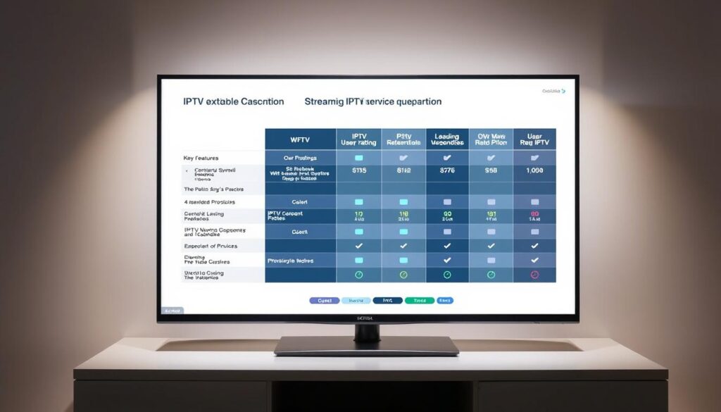 Un tableau de comparaison de services de streaming détaillant les caractéristiques clés, les prix et les évaluations des utilisateurs pour les fournisseurs IPTV de premier plan dans un format propre et facile à lire.