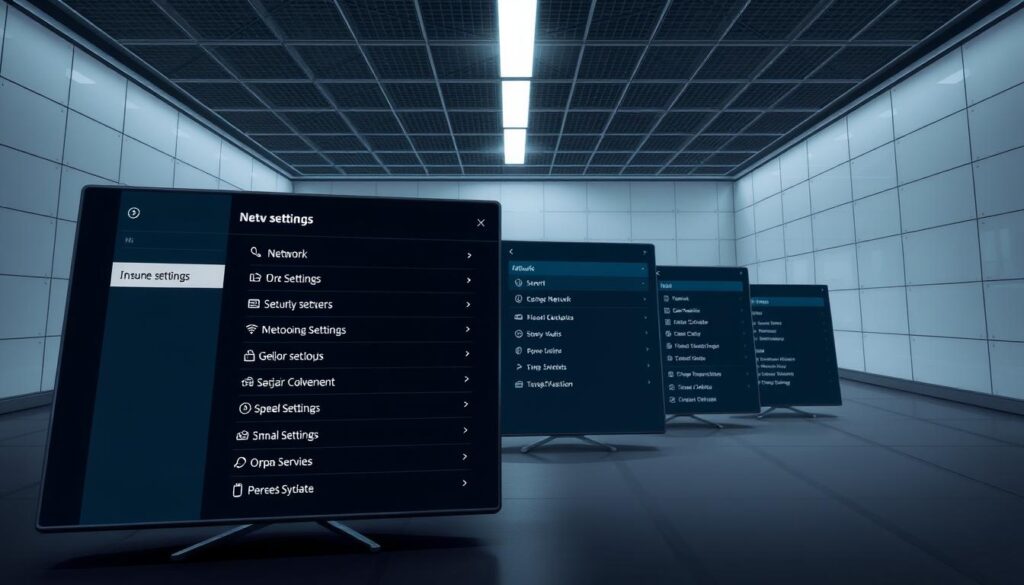A detailed technical illustration of a MAG box network settings interface, showcasing a clean and intuitive user interface. The foreground displays the main settings panel with various configuration options, such as network, Wi-Fi, and security settings, presented in a clear and organized manner. The middle ground features additional sub-menus and pop-ups, providing easy access to advanced settings. The background depicts a minimalist, high-tech environment with subtle grid patterns and muted colors, creating a sense of professionalism and sophistication. The overall scene is well-lit, with a balanced use of light and shadows to highlight the key elements. The camera angle is slightly angled, providing a dynamic and engaging perspective for the viewer.