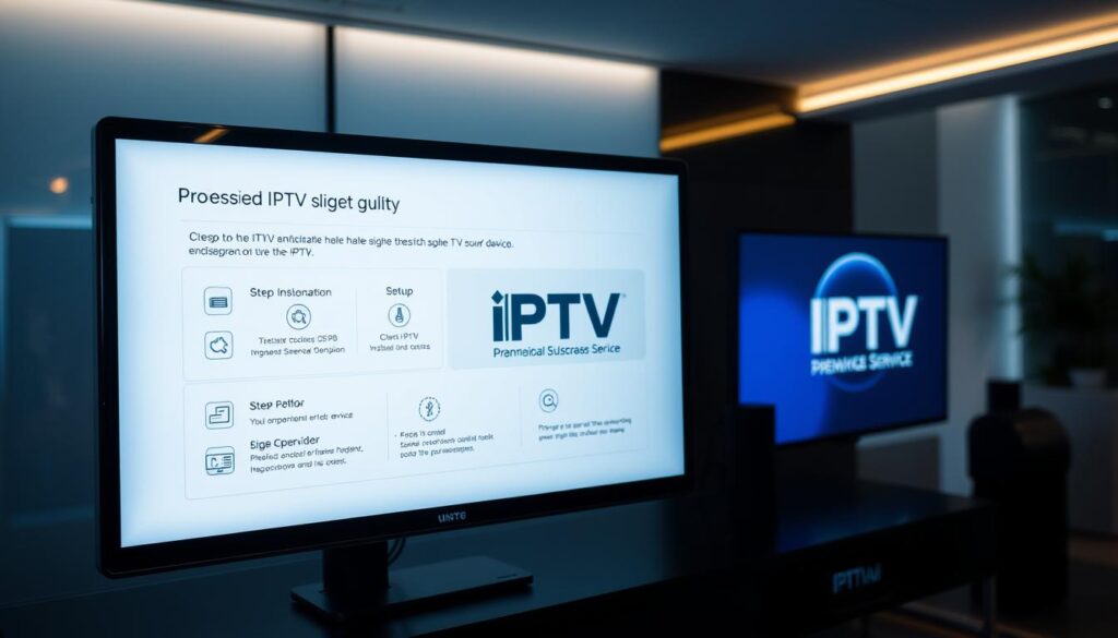 A detailed, well-lit image of a professional-grade device setup guide for an IPTV premium subscription service. The guide is displayed on a modern, high-resolution display with a clean, minimalist interface. The foreground shows the step-by-step instructions for installation and setup, with clear visual cues and intuitive icons. The middle ground features the IPTV service's logo and branding, conveying a sense of quality and reliability. The background showcases a sleek, high-tech environment, with subtle ambient lighting and a sense of sophistication. The overall mood is one of efficiency, clarity, and a premium user experience.