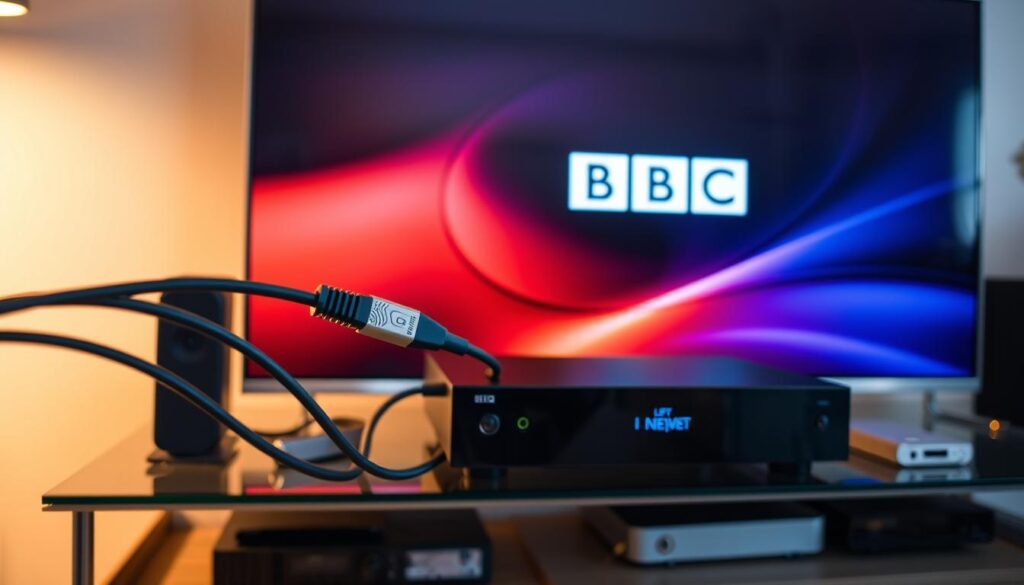 A digital network cable connecting a IPTV set-top box and a smart TV, with the BBC logo prominently displayed on the screen. The set-top box is positioned on a sleek, modern TV stand, surrounded by technical equipment and devices. The lighting is soft and warm, creating a cozy, home entertainment atmosphere. The camera angle is slightly elevated, showcasing the technology in an informative and visually appealing manner. The composition emphasizes the seamless integration of IPTV technology with the BBC's high-quality content, ready to be enjoyed in the comfort of a living room.