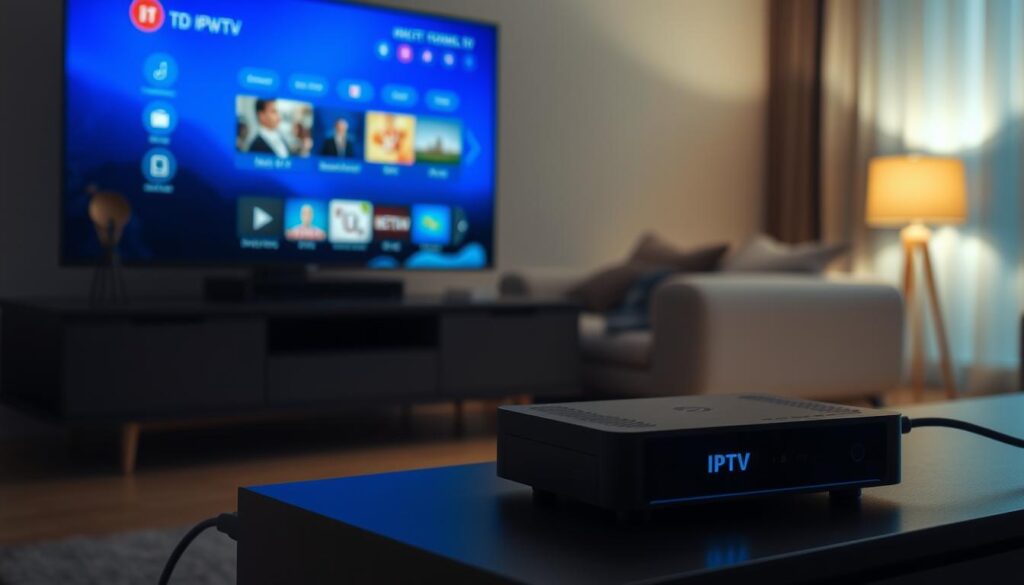A dimly lit home entertainment setup, showcasing an IPTV streaming device connected to a modern LED TV. In the foreground, the IPTV box sits atop a sleek media console, its interface displayed on the screen. The middle ground features a minimalist living room arrangement with a couch and coffee table, creating a cozy atmosphere for enjoying the IPTV experience. The background is softly blurred, suggesting a warm, inviting ambiance. The lighting is subtle, casting gentle shadows and highlights to emphasize the technical aspects of the setup. The overall composition conveys the ease and convenience of accessing premium content through IPTV streaming.