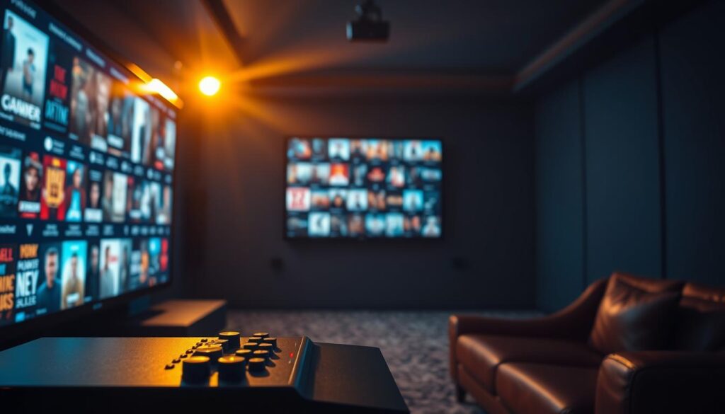 A dimly lit home theater, the screen aglow with a vast selection of IPTV movies. In the foreground, a sleek, modern entertainment system, its controls bathed in a soft, ambient light. In the middle ground, a cozy leather couch, inviting viewers to settle in and immerse themselves in the cinematic experience. The background is a blend of rich, saturated colors, hinting at the diversity of genres and stories available at the viewer's fingertips. Overhead, a carefully positioned spotlight casts a warm, cinematic glow, creating a sense of depth and drama. The overall atmosphere is one of refined luxury and endless entertainment, perfectly capturing the evolution of IPTV movies and the promise of a premium streaming experience.