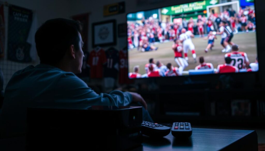 A dimly lit living room, the glow of a large flatscreen TV illuminating a sports fan's face as they watch an IPTV stream. In the foreground, a sleek and modern streaming device prominently displayed, contrasting with the traditional cable box and remote control in the middle ground. The background showcases a variety of sports memorabilia, jerseys, and team flags, hinting at the viewer's passion for their favorite teams. The scene conveys a sense of immersion and engagement, as the viewer is fully absorbed in the game playing out on the screen before them.