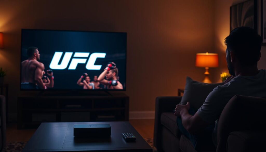 A dimly lit living room with a large HDTV displaying the UFC logo. On the coffee table, a streaming device and remote control. In the foreground, a person sitting on a comfortable couch, engrossed in the action on the screen. Warm lighting casts a cozy glow, evoking the feeling of watching a high-stakes UFC fight at home without the hassle of going to a crowded bar or purchasing a pay-per-view. The scene conveys the convenience and cost-savings of accessing UFC content through an IPTV service.