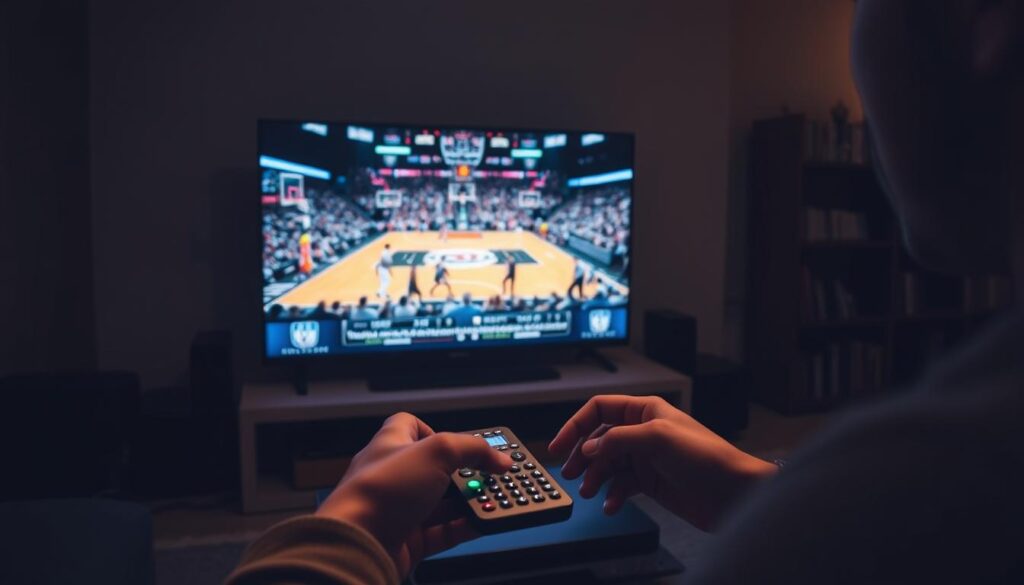 A dimly lit living room with a large flat-screen TV displaying a basketball game, surrounded by streaming devices and cables. In the foreground, a person's hands operate a remote control, with a focused expression on their face. The room is illuminated by the soft glow of the TV, creating a cozy and immersive atmosphere. The background features a bookshelf or entertainment center, hinting at the setup's integration into the home environment. The overall scene conveys the experience of optimizing an NBA IPTV streaming setup for a seamless and engaging viewing experience.