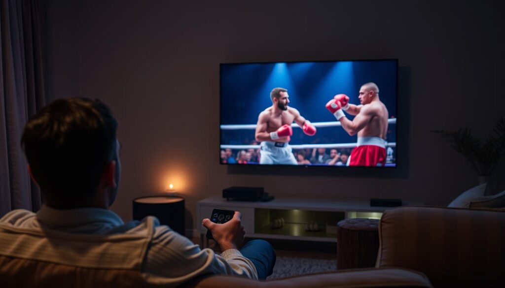 A dimly lit living room with a large flat-screen TV mounted on the wall. In the foreground, a person sitting on a comfortable couch, remote in hand, intently watching a pay-per-view boxing match on the TV screen. The match is displayed in vivid detail, the boxers' movements frozen in time, their expressions intense. The middle ground features a sleek IPTV box and various streaming devices, hinting at the technological setup enabling the pay-per-view experience. In the background, subtle mood lighting and a few tasteful decorative elements create a cozy, immersive ambiance. The overall scene conveys the excitement and convenience of enjoying high-profile PPV events from the comfort of one's own home through an IPTV service.
