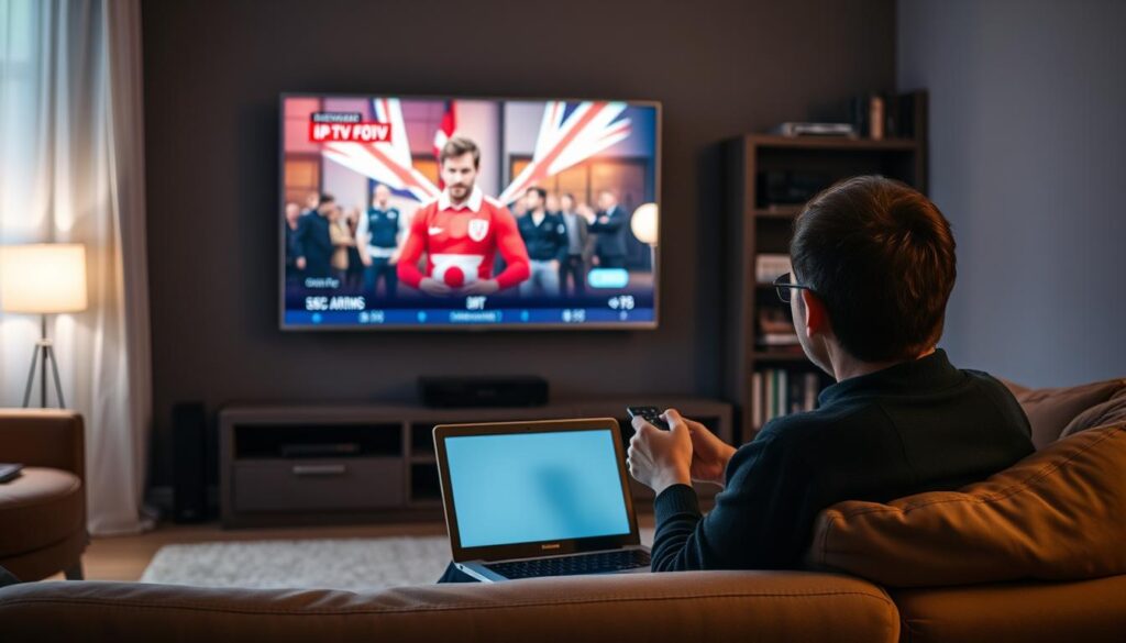 A dimly lit living room with a large flat-screen TV mounted on the wall. In the foreground, a person is sitting on a comfortable couch, laptop open, navigating an IPTV streaming service interface with a sleek remote control. The room is illuminated by a warm, ambient lighting, creating a cozy and relaxed atmosphere. The TV displays a vivid, high-definition image of a popular British television show, hinting at the diverse content available through the IPTV service. The background features a bookshelf filled with media devices, suggesting a tech-savvy household embracing the convenience of modern streaming solutions.