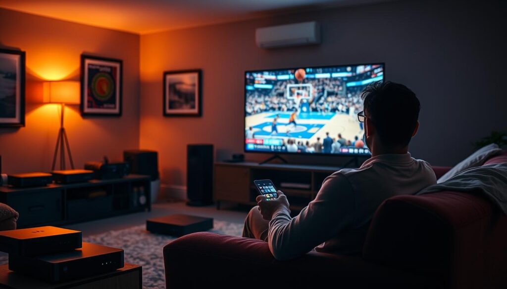 A dimly lit living room, with a large flatscreen TV displaying a basketball game. In the foreground, a person sits comfortably on a plush sofa, remote in hand, engrossed in the action on the screen. Surrounding the viewer are various streaming devices and IPTV boxes, subtly hinting at the convenience of accessing NBA games without a traditional cable subscription. The room is bathed in a warm, amber glow, creating a cozy, relaxed atmosphere perfect for an evening of uninterrupted basketball viewing. The scene conveys the benefits of watching NBA games through IPTV - the comfort of home, the ease of access, and the uninterrupted flow of the game.