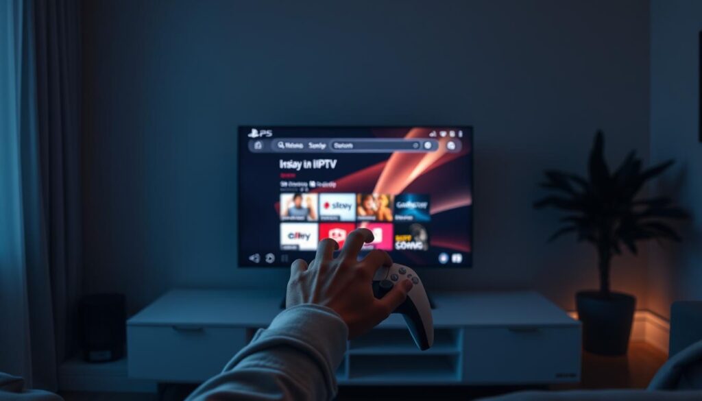 A dimly lit living room with a modern, sleek PS5 console set up on a TV stand. In the foreground, a person's hands are navigating through a web browser on the PS5's user interface, accessing IPTV streaming services. The room is bathed in a soft, warm glow from indirect lighting, creating a cozy and inviting atmosphere. The composition emphasizes the interaction between the user and the PS5, showcasing the ease of setting up IPTV on the console. The overall scene conveys the idea of transforming a PS5 into a versatile media center for streaming and entertainment.