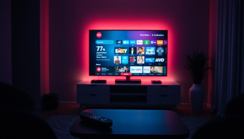 A dimly-lit living room with a sleek smart TV and a modern streaming device on a minimalist media console. The room is bathed in a soft, ambient glow from the TV screen, which displays a high-definition IPTV interface with a curated selection of adult entertainment channels. The atmosphere is discreet and private, with subtle lighting and muted colors creating a sense of intimacy and discretion. The viewer's attention is drawn to the streaming device, which represents the gateway to a world of premium adult content, accessible with parental controls and security measures in place.