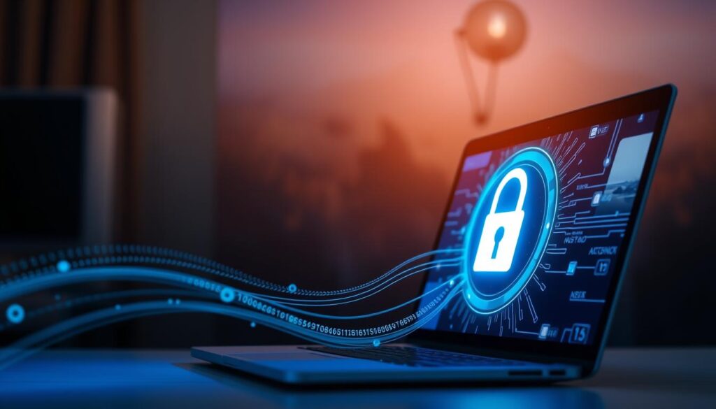 Une pièce faiblement éclairée, un écran d'ordinateur portable projetant une douce lueur, et une icône VPN affichée en avant-plan. Au premier plan, la transmission de données sécurisée visualisée comme un flux de données cryptées, protégées par un bouclier numérique.