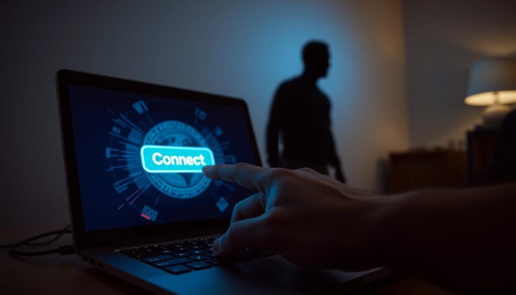 A dimly lit room, a laptop screen glowing softly, displaying a secure VPN connection. In the foreground, a hand delicately pressing the "Connect" button, casting a faint blue glow across the fingers. The middle ground showcases a virtual globe, pulsing with data streams, representing the encrypted pathways of the VPN tunnel. In the background, a shadowy figure, symbolizing the protection of online privacy and security. Soft, directional lighting illuminates the scene, creating a sense of focus and seriousness. The overall atmosphere conveys a feeling of trust, control, and the importance of safeguarding one's digital activities.