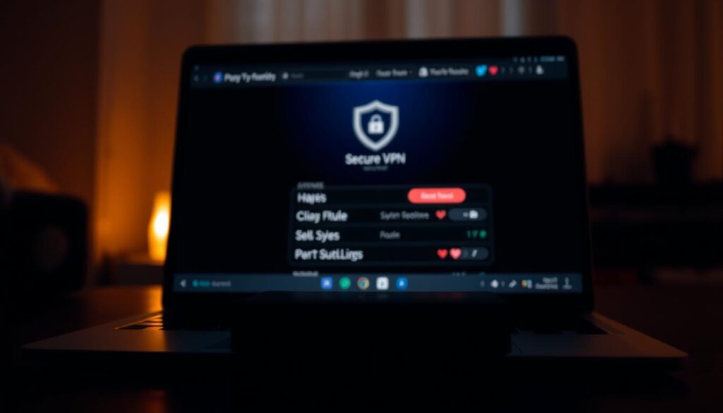 A dimly lit room, the glow of a laptop's screen casting a warm hue. On the screen, a virtual private network (VPN) interface, its sleek design and intuitive controls inviting the user to secure their IPTV streaming. In the foreground, a streaming device, its silhouette a testament to the seamless integration of technology. The background blurs, emphasizing the focus on the VPN's protective layer, shielding the viewer's online activities from prying eyes. The scene conveys a sense of privacy, security, and the freedom to enjoy content without fear of surveillance or geo-restrictions.