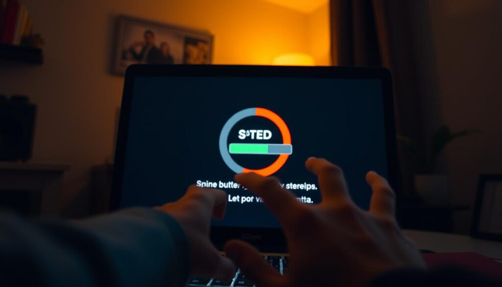 A dimly lit room with a laptop screen displaying a spinning buffer icon, signaling an interruption in the IPTV stream. In the foreground, a person's hands are reaching forward, attempting to troubleshoot the issue. The background is hazy, with a sense of frustration and urgency. The lighting is warm and cozy, creating a sense of a cozy home setup. The camera angle is slightly low, capturing the scene from the user's perspective, emphasizing the struggle to find a solution. Technical details like camera lens distortion and depth of field blur add realism to the image.