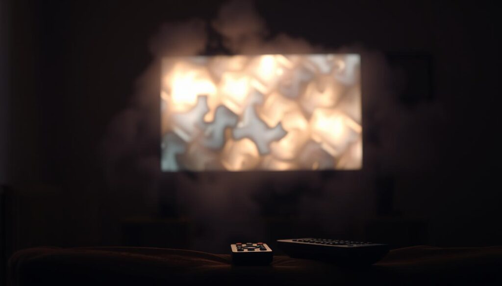 A dimly lit room with a television screen flickering, displaying a blurry, distorted image. The screen is surrounded by a hazy, dreamlike atmosphere, with soft, warm lighting casting shadows across the scene. In the foreground, a remote control lies abandoned, suggesting the user's frustration with the poor streaming quality. The background is shrouded in a subtle, technological ambiance, hinting at the underlying infrastructure that powers the IPTV service. The overall mood is one of dissatisfaction and a sense of disconnect between the viewer and the technology they are relying on.