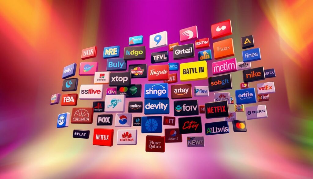 A diverse array of colorful streaming channel logos and icons floating in a visually striking, three-dimensional space. The logos are rendered with high fidelity, meticulously detailed and arranged in an eye-catching, dynamic composition. The background features a vibrant, gradient-filled atmosphere, with soft, warm lighting that creates a sense of depth and dimension. The overall aesthetic evokes a sense of energy, variety, and the rich cultural tapestry of Spanish-language content from the United States and Latin America.